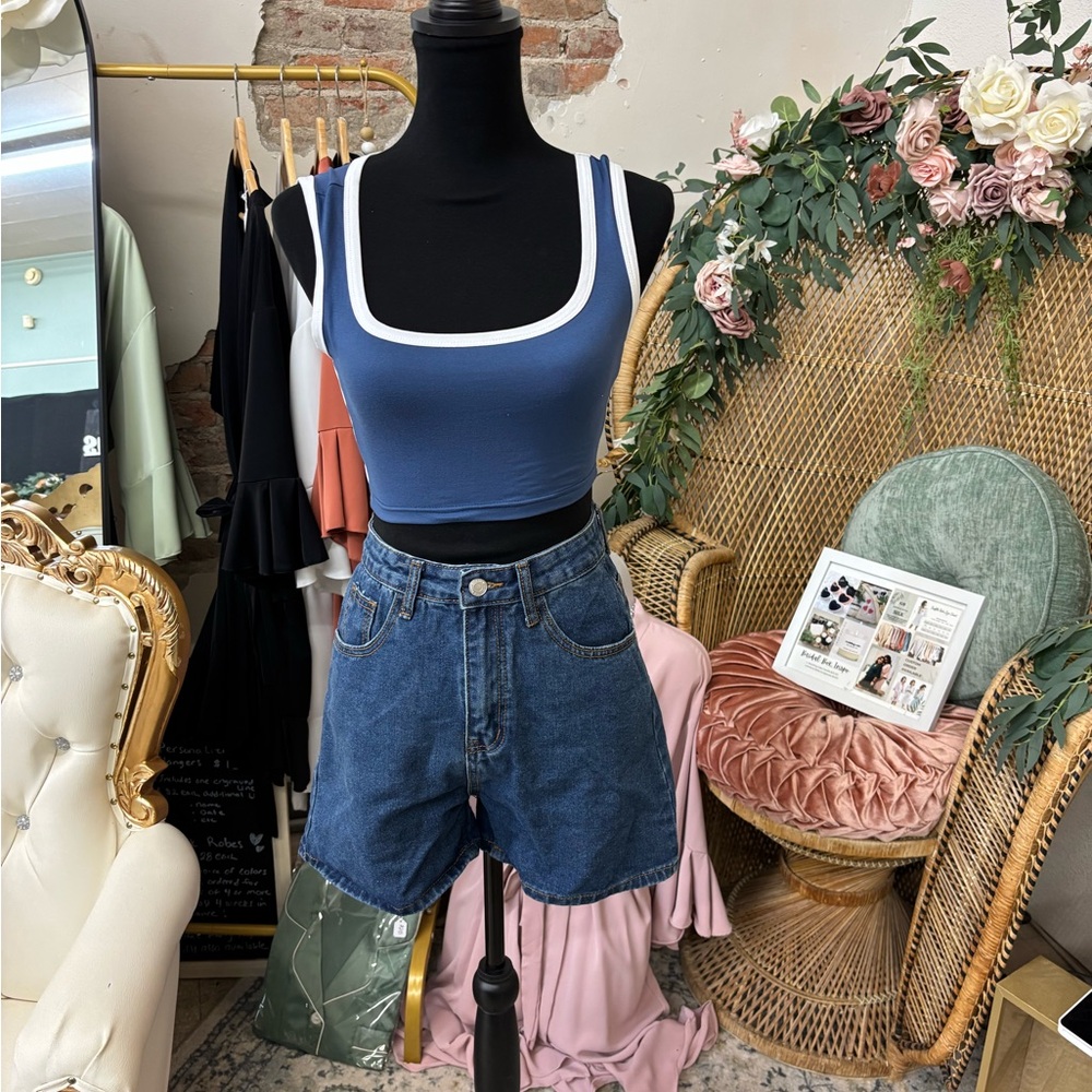 Blue and White Tank Top with Denim Shorts